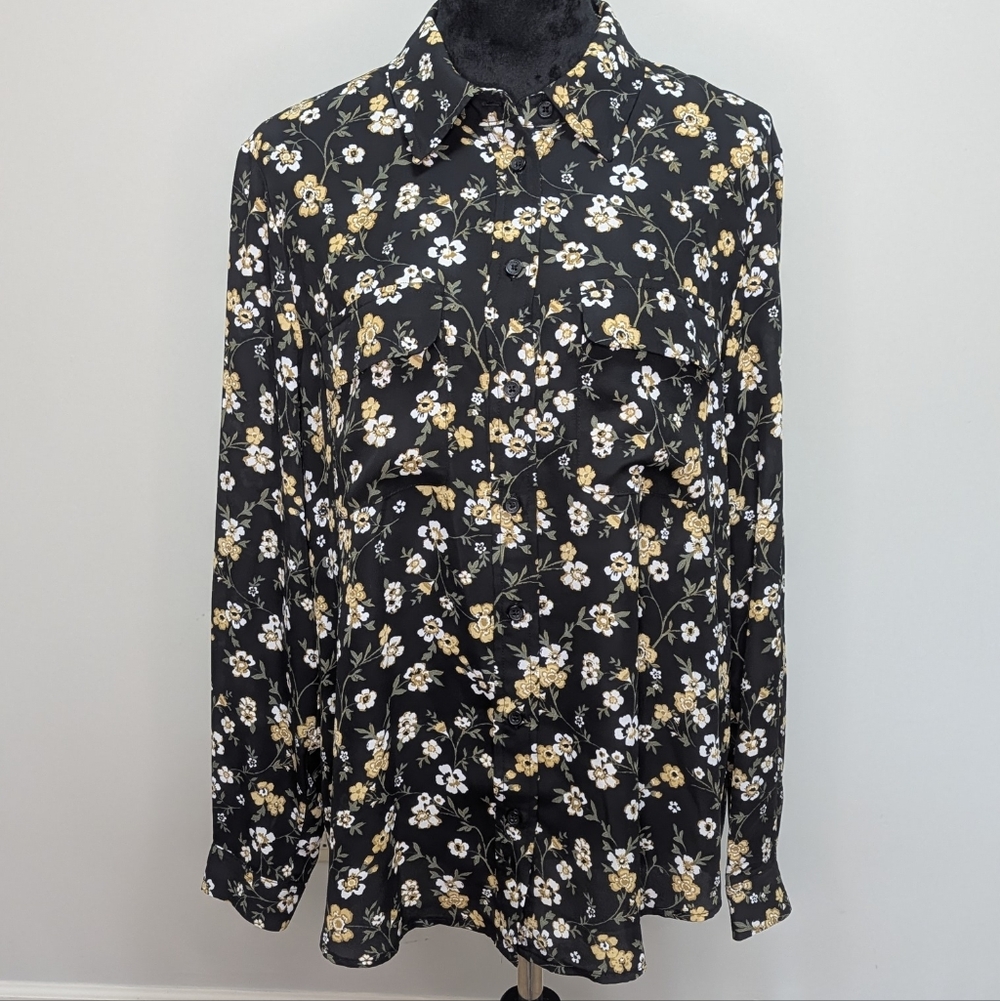 Jones New York Floral Black Pocketed Button-Up Shirt Sz Large
